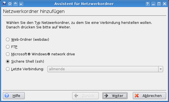 Screenshot des Assistenten zur Erstellung von Netzwerkverbindungen in KDE